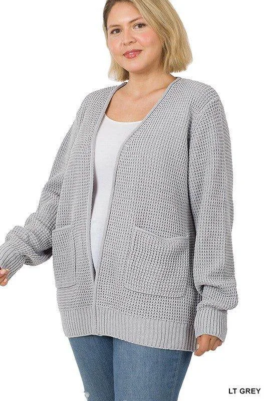 Zenana PLUS Low Gauge Waffle Open Cardigan Sweater Terry Terry Cloth Terry Knit