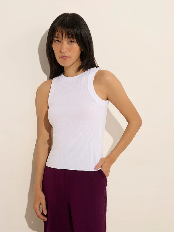 Superstar White Ribbed Textured Cotton-Blend Tank Top soft tank top