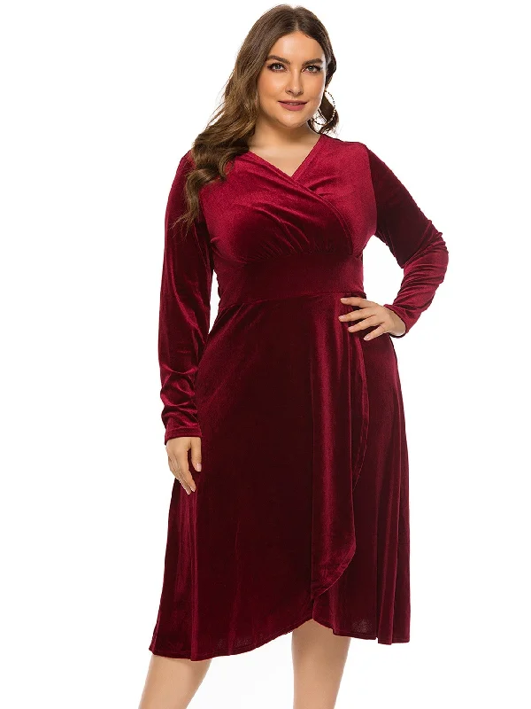 KittenAlarm - Plus Size High-low Velvet Long Sleeve Party Dress Sequined Elegant Party KittenAlarm - Plus Size High-low Velvet Long Sleeve Party Dress Sequined Elegant Party