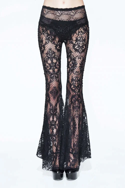 Black Sexy Transparent Lace Bellbottoms With Bead Chain Womens Pants Fashionable Sporty Pants