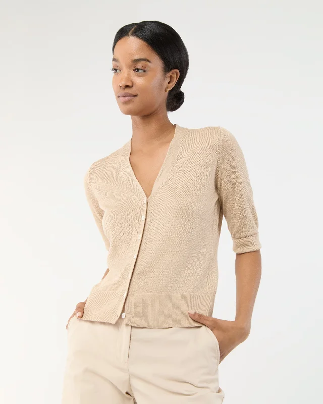 Short-Sleeved Rosie V-Neck Cardigan in Khaki Linen Elasticated Padded Insulated