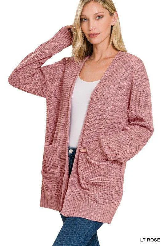 Zenana Low Gauge Waffle Open Cardigan Sweater Seamless Knitted Crochet