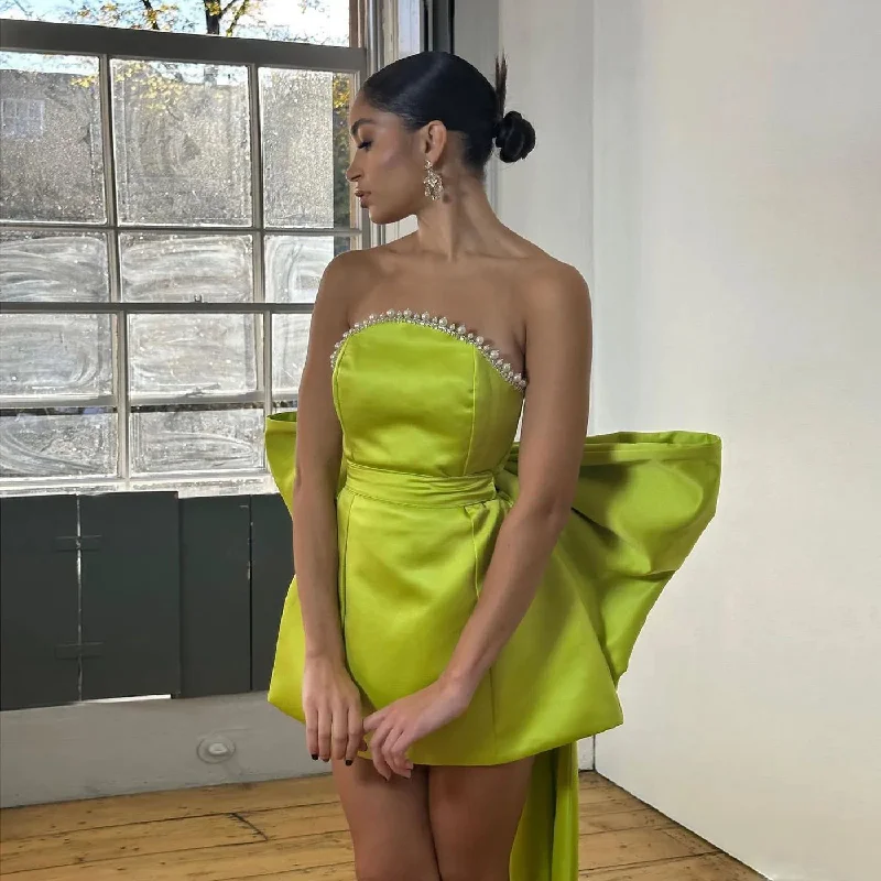 Green Pink Red Satjson Mini Party Dress with Detachable Bow Off-the-shoulder Chic Trendy Green Pink Red Satjson Mini Party Dress with Detachable Bow Off-the-shoulder Chic Trendy