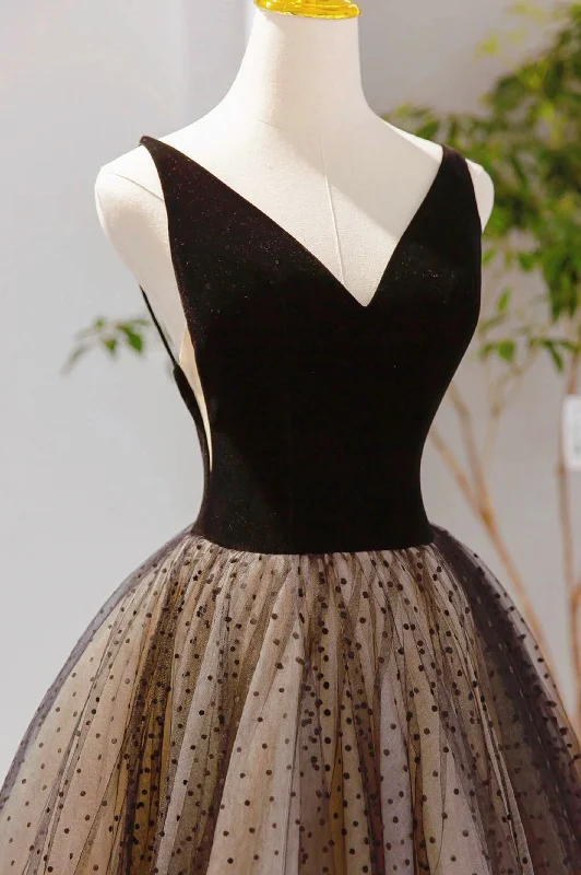 Black V-neck Tulle Short Prom Dress, A-Line Black Tea Length Party Dress Tunics Running lightweight
