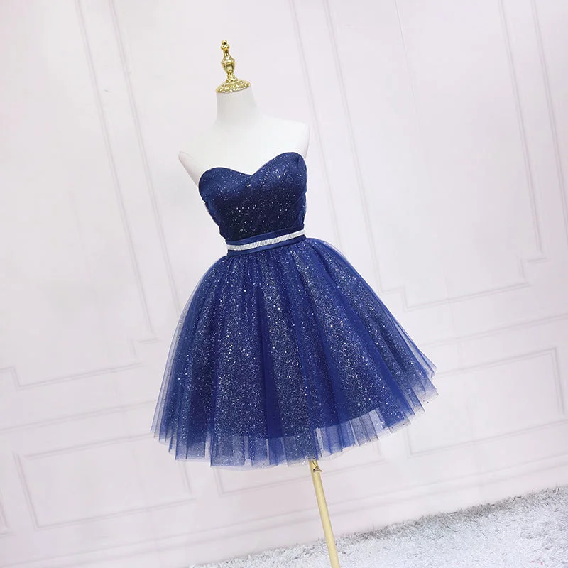 Shiny Blue Tulle Sweetheart Homecoming Dress Party Dress, Navy Blue Short Prom Dress sweetheart Neckline Romantic Shiny Blue Tulle Sweetheart Homecoming Dress Party Dress, Navy Blue Short Prom Dress sweetheart Neckline Romantic