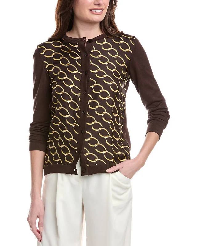 Oscar de la Renta Oscar Chain Silk Twill Cardigan Houndstooth Herringbone Solid
