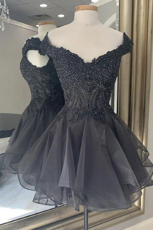Off The Shoulder Black Short Party Dress, Homecoming Dress Pleated Skirt Elegant