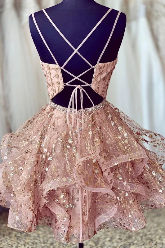 Pink V-Neck Tulle Short Prom Dresses, A-Line Mini Party Dresses Tunics Vintage classic Pink V-Neck Tulle Short Prom Dresses, A-Line Mini Party Dresses Tunics Vintage classic