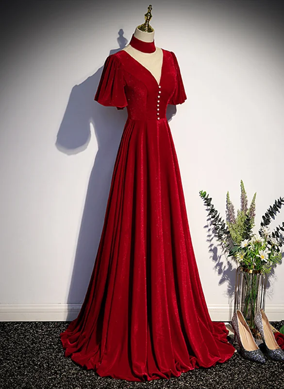 Red High Neckline Velvet Long Party Dress, Red Short Sleeves Velvet Prom Dress Sequined Elegant Party Red High Neckline Velvet Long Party Dress, Red Short Sleeves Velvet Prom Dress Sequined Elegant Party