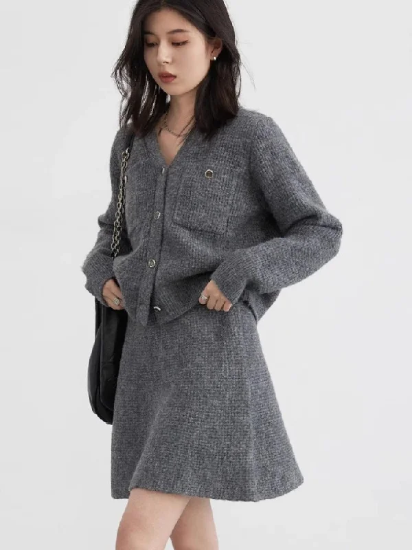 Knitted Button-Up Cardigan & Mini Skirt Two Piece Set Real Fur Shearling Chenille