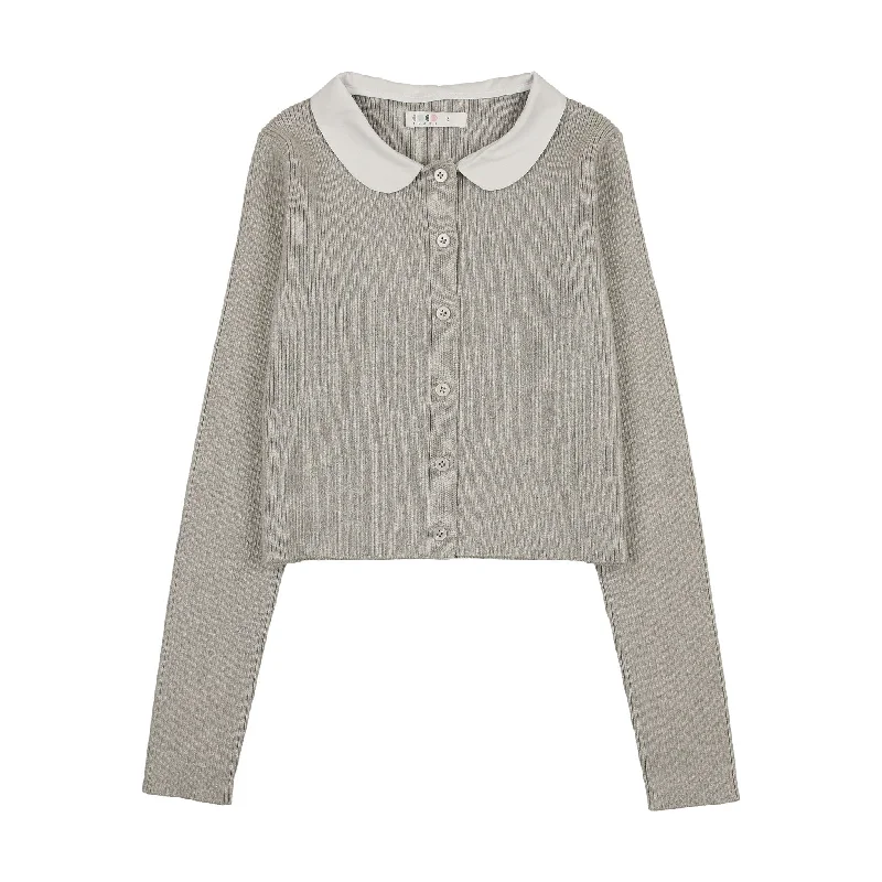 Coco Blanc Light Grey Peter Pan Knit Ribbed Cardigan Cashmere Blend Cotton Blend Poly Blend Coco Blanc Light Grey Peter Pan Knit Ribbed Cardigan Cashmere Blend Cotton Blend Poly Blend