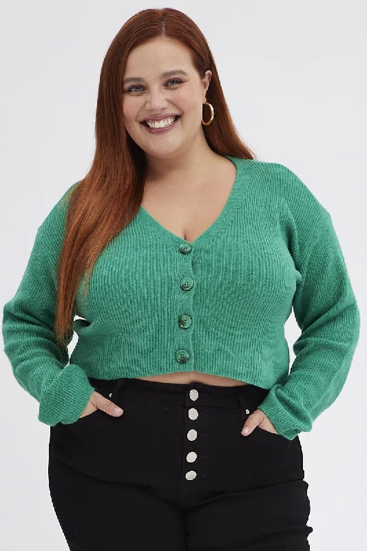 Green Knit Cardigan Long Sleeve Relaxed Fit Elegant Classic Vintage