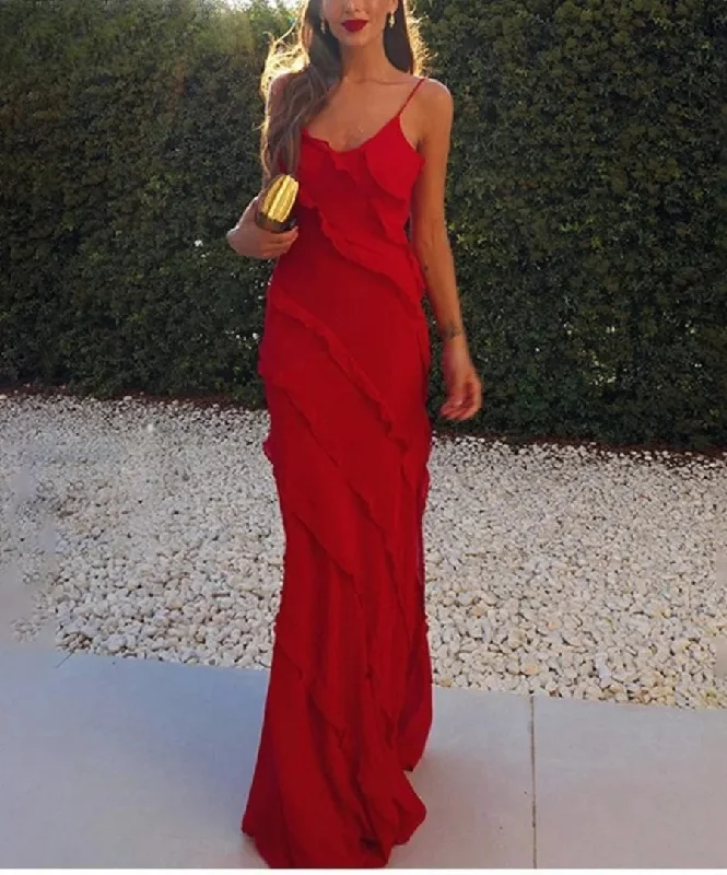 Ruffles Chiffon Backless Split Maxi Red Christmas Party Dress Tunics Fashionable trendy Ruffles Chiffon Backless Split Maxi Red Christmas Party Dress Tunics Fashionable trendy