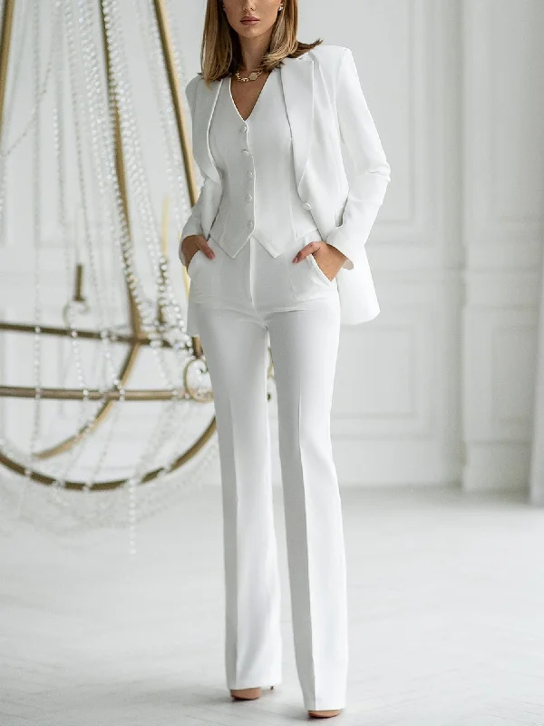 White 3 Piece Elegant Single Buttons Slim Fit Women's Suit (Blazer+Vest+Pants) Casual Sweatpants Style