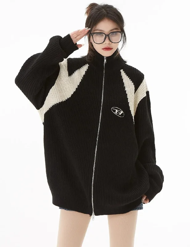 Turtleneck Zip-Up Loose Cardigan Notch Collar Peter Pan Collar Cowl Neck