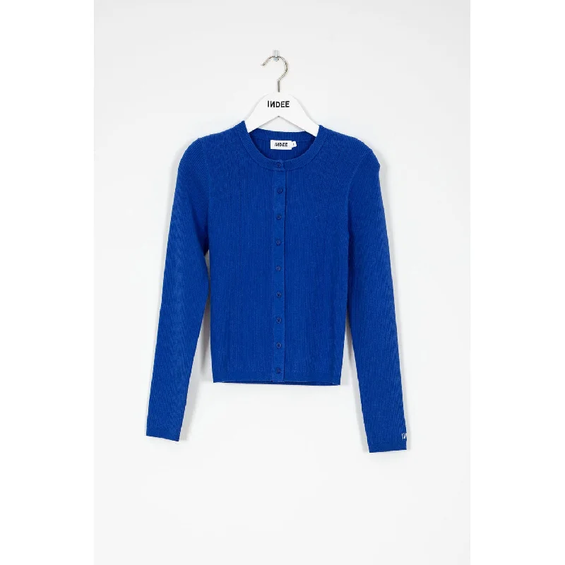 Indee Indigo Knitted Ribbed Cardigan Zippered Front Buttoned Front Snap Front