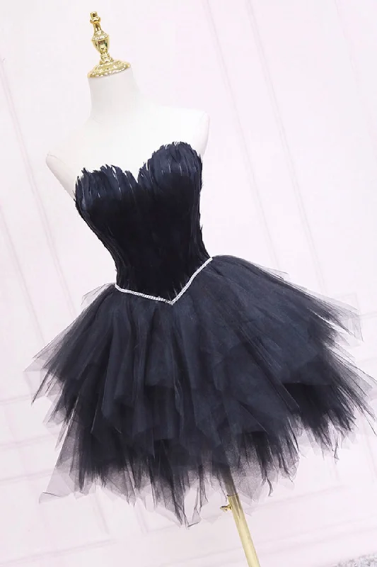 Black Tulle Short Prom Dress with Feather, A-Line Sweetheart Neckline Party Dress Tunics Lace romantic Black Tulle Short Prom Dress with Feather, A-Line Sweetheart Neckline Party Dress Tunics Lace romantic