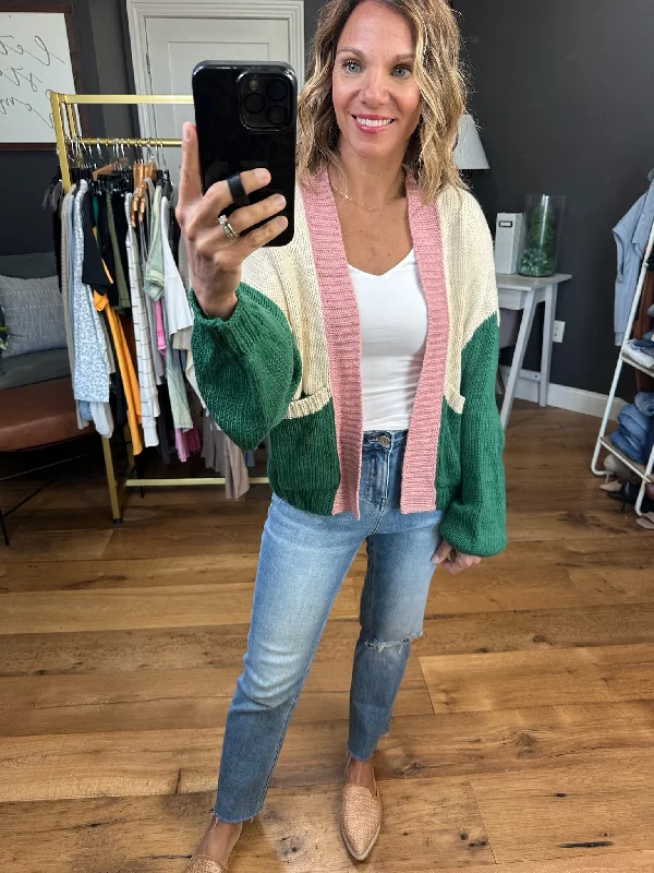 Know Me Like That Knit Cardigan - Mauve/Cream/Hunter Silk Blend Satin Velvet