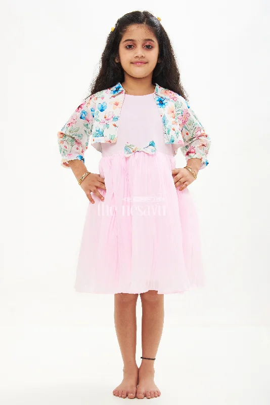 Pink Georgette Pleated Frock with Floral Jacket for Girls Zip Front Button Front Snap Front Pink Georgette Pleated Frock with Floral Jacket for Girls Zip Front Button Front Snap Front