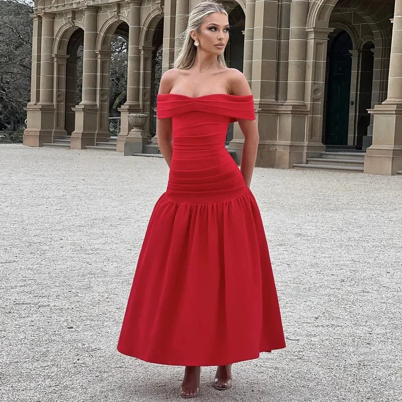 Red Sleeveless Bandeau Patchwork Christmas Party Dress Tunics Evening elegant