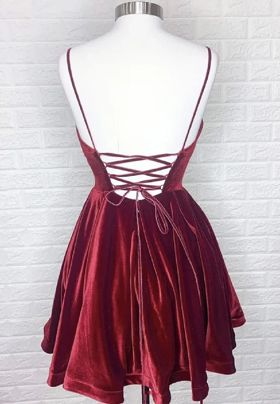 Burgundy V-Neck Velvet Short Prom Dresses, A-Line Party Dresses Tunics Fashionable trendy Burgundy V-Neck Velvet Short Prom Dresses, A-Line Party Dresses Tunics Fashionable trendy