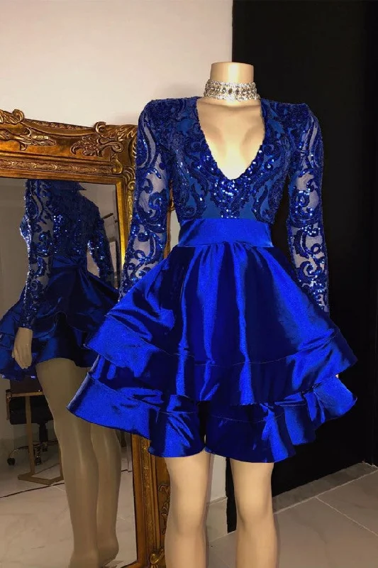 Royal Blue V-neck Long Sleeves Knee Length A-line Party Party Dresses sweetheart Neckline Romantic Royal Blue V-neck Long Sleeves Knee Length A-line Party Party Dresses sweetheart Neckline Romantic