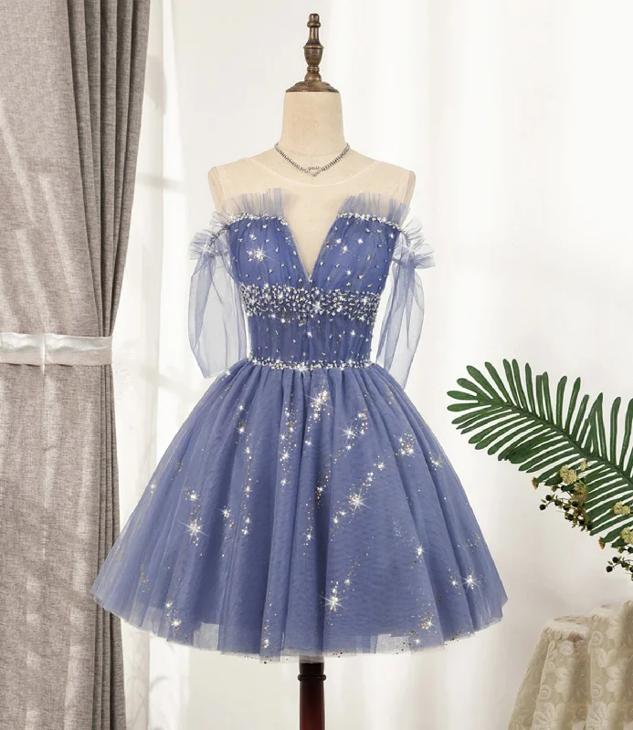 Blue Tulle Sequins Short A Line Homecoming Dress, Party Dress Halter Neckline Beach