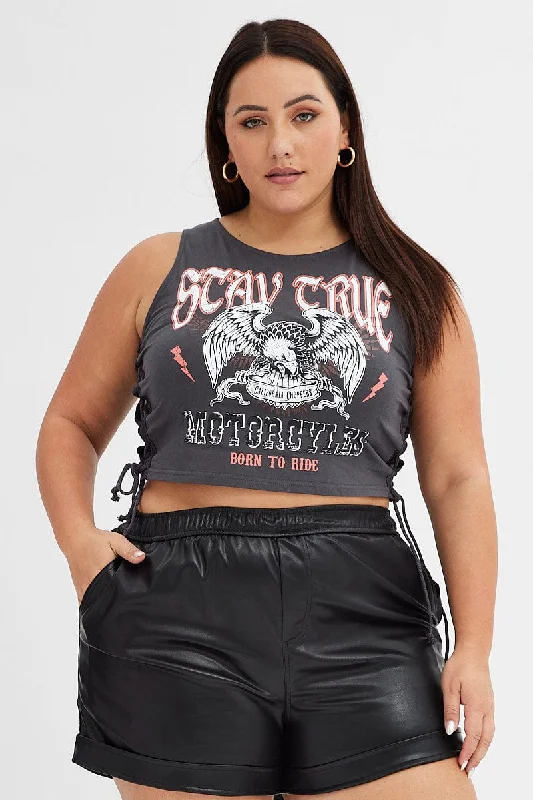 Grey Graphic Tank Top Stay True Crop Lace Up pastel tank top