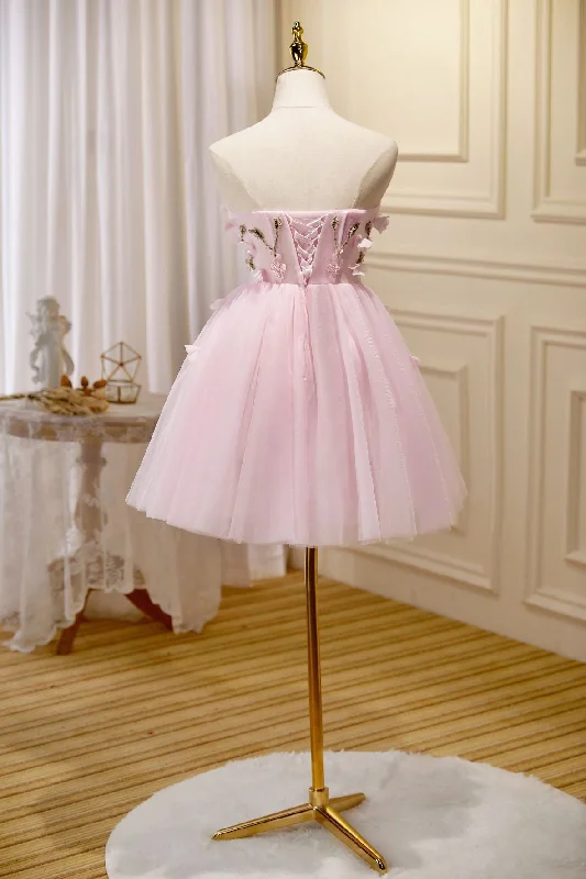 Lovely Pink Tulle with Flowers Short Party Dress, Pink Tulle Homecoming Dresses Tunics Chic fashionable Lovely Pink Tulle with Flowers Short Party Dress, Pink Tulle Homecoming Dresses Tunics Chic fashionable