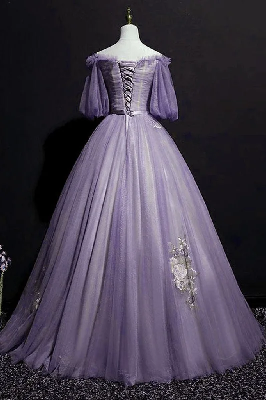 Charming Purple Short Sleeves Tulle Puffy Long Formal Dress, Lovely Evening Dress Party Dress Tunics Bestseller popular Charming Purple Short Sleeves Tulle Puffy Long Formal Dress, Lovely Evening Dress Party Dress Tunics Bestseller popular