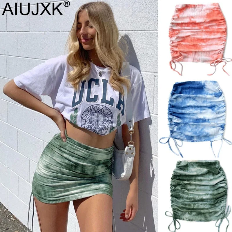 Tie-Dye Ruched Mini Skirt denim skirt classic