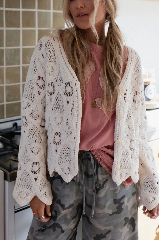 Outer Limits Crochet Cardigan - Cream Knit Fabric Woven Fabric Fleece Fabric