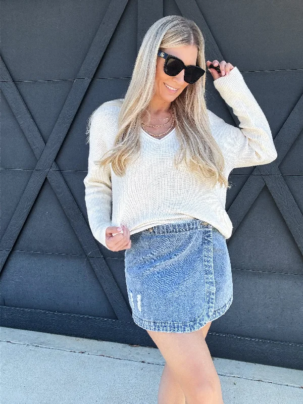Denim Wrap Mini Skirt In Denim lace skirt intricate