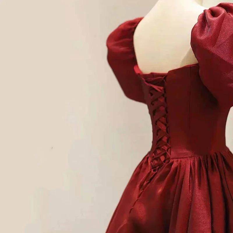 Wine Red Short Sleeves Tea Length Wedding Party Dress, Wine Red Prom Dress Tunics Mesh breathable Wine Red Short Sleeves Tea Length Wedding Party Dress, Wine Red Prom Dress Tunics Mesh breathable