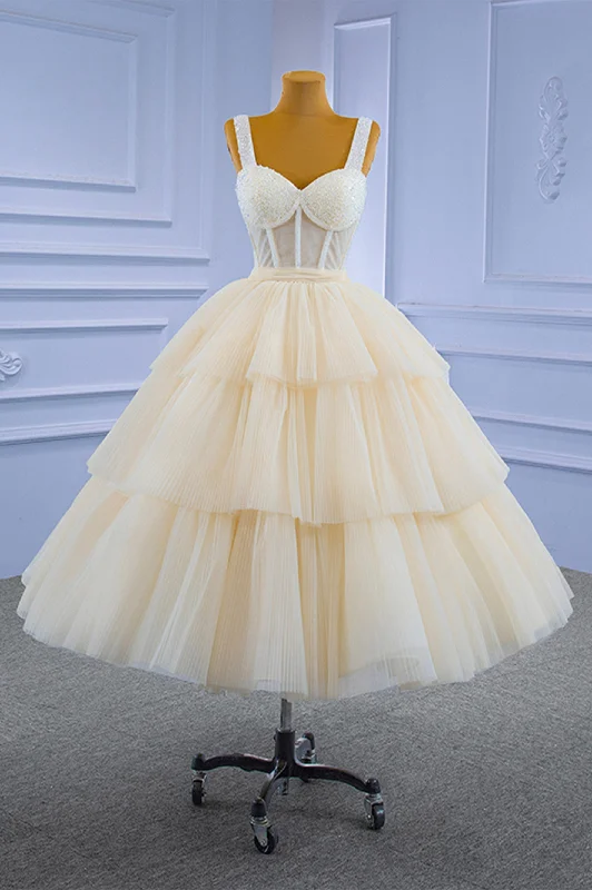 Champagne Tulle Short Prom Dress with Beaded, A-Line Tea Length Party Dress Tunics Office stylish Champagne Tulle Short Prom Dress with Beaded, A-Line Tea Length Party Dress Tunics Office stylish