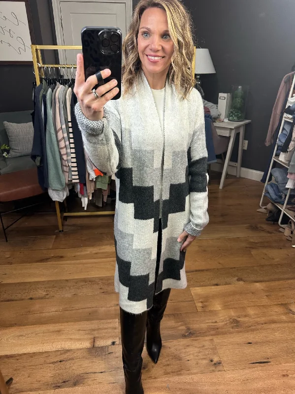 Piece By Piece Colorblock Cardigan Sweater - Black/Grey Multi Herringbone Houndstooth Plaid