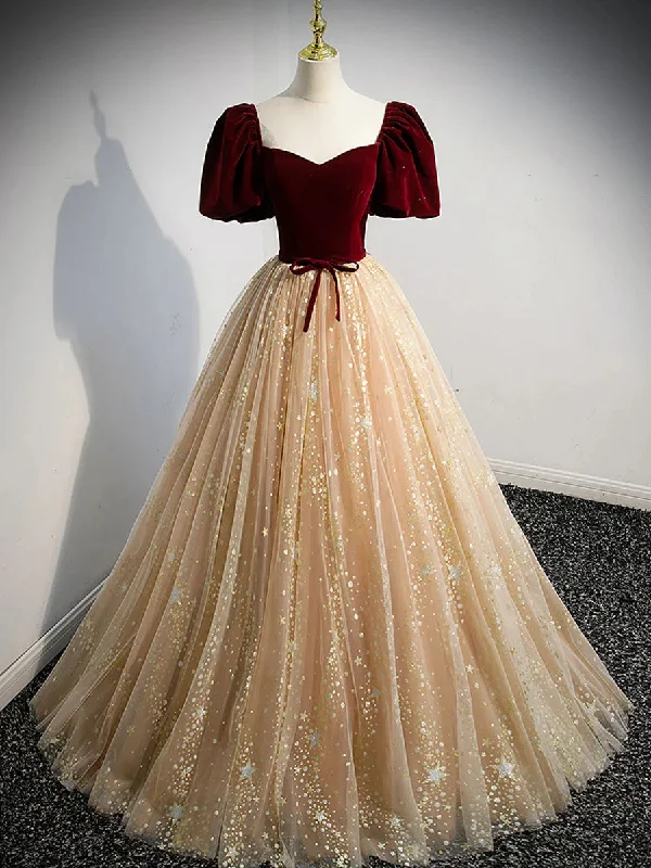 Champagne Tulle and Velvet Long Party Dress, Short Sleeves Prom Dress Tunics Essential wardrobe Champagne Tulle and Velvet Long Party Dress, Short Sleeves Prom Dress Tunics Essential wardrobe