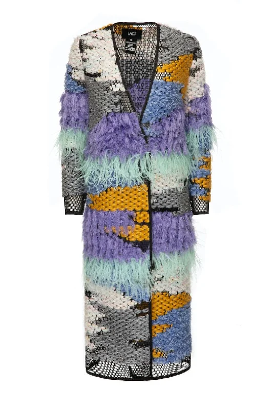 WOOL-BLEND FRINGED LILAC LONG-LINE CARDIGAN Transparent Opaque Sheer