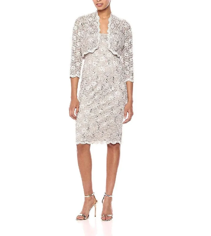 Alex Evenings AE1122090 Sleeveless Short Lace Dress Bolero Jacket Front Pockets Side Pockets Patch Pockets