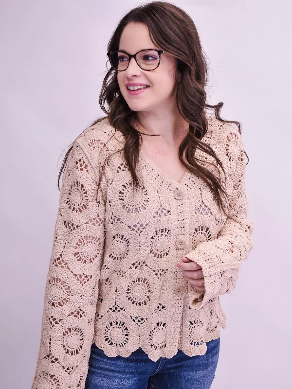 Good To Go Crochet Button Up Cardigan Embroidered Appliqued Beaded