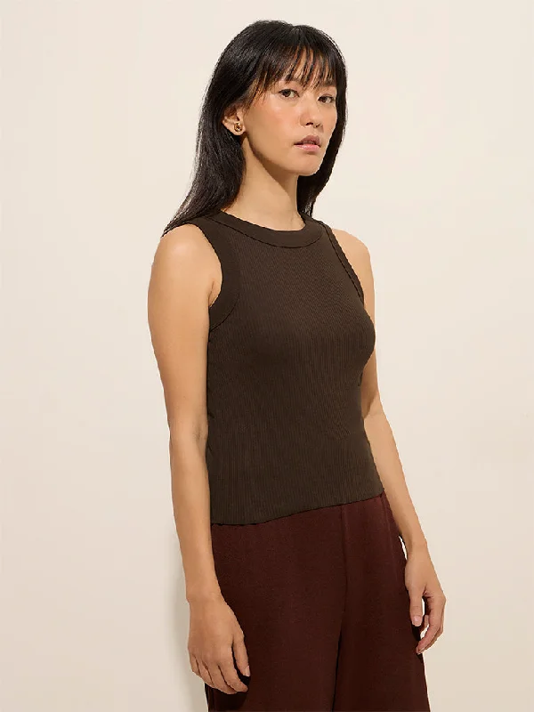 Superstar Brown Ribbed Textured Cotton-Blend Tank Top lounge tank top