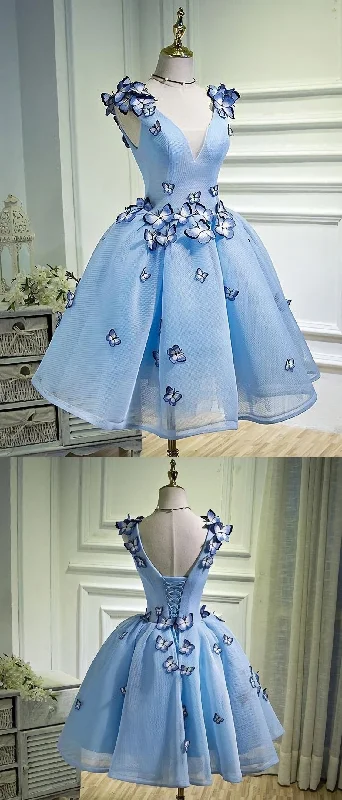 Sky Blue Butterfly Short Homecoming Dress, Party Dresses Pencil Length Work