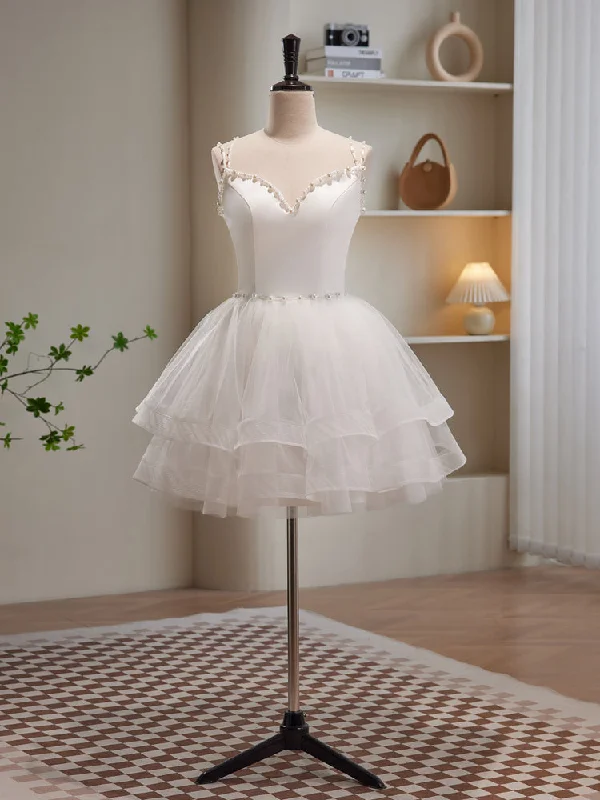 White Spaghetti Strap Tulle Short Prom Dress, Cute A-Line Party Dress Tunics Formal black White Spaghetti Strap Tulle Short Prom Dress, Cute A-Line Party Dress Tunics Formal black