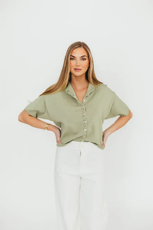 Emeryn 100% Cotton Short Sleeve Knit Cardigan in Sage Hooded Cardigan Collared Cardigan Shawl Collar Emeryn 100% Cotton Short Sleeve Knit Cardigan in Sage Hooded Cardigan Collared Cardigan Shawl Collar
