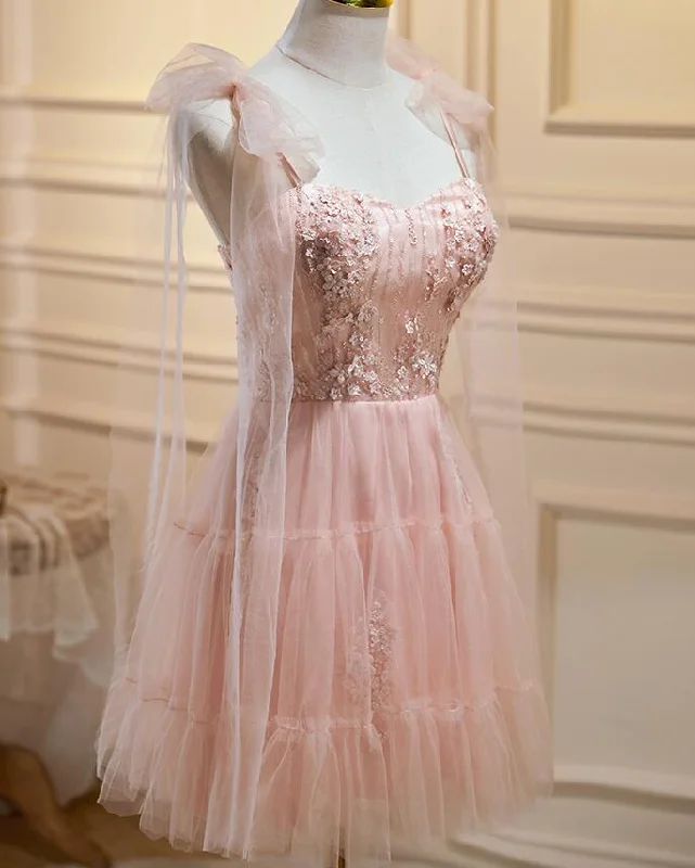 Pink Tulle Lace and Flowers Short Homecoming Dress, Cute Pink Party Dress Tunics Yoga stretchy Pink Tulle Lace and Flowers Short Homecoming Dress, Cute Pink Party Dress Tunics Yoga stretchy