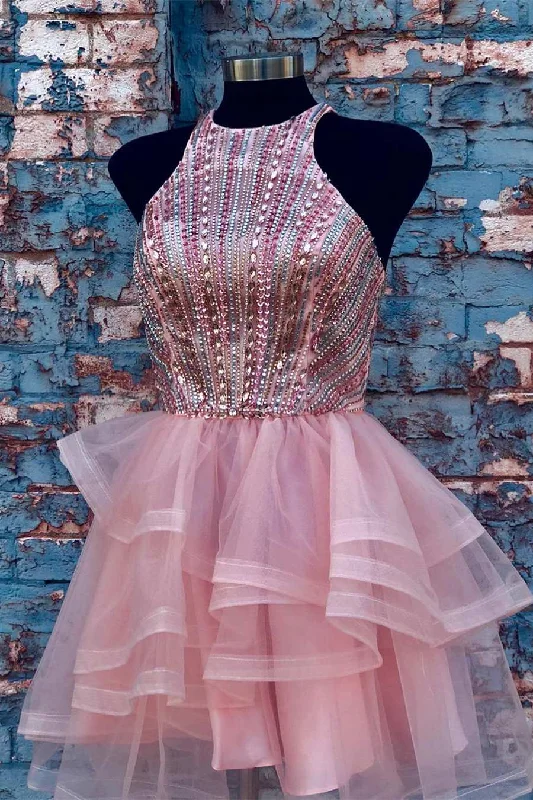 Pink Halter Beaded Short Homecoming Dress,Wedding Party Dresses Tunics Satin smooth