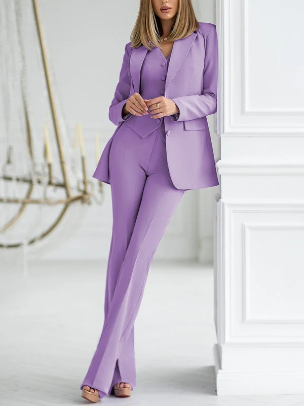 Purple 3 Piece Double Buttons Business Casual Slim Fit Suit (Blazer+Vest+Pants) Casual Drawstring Pants