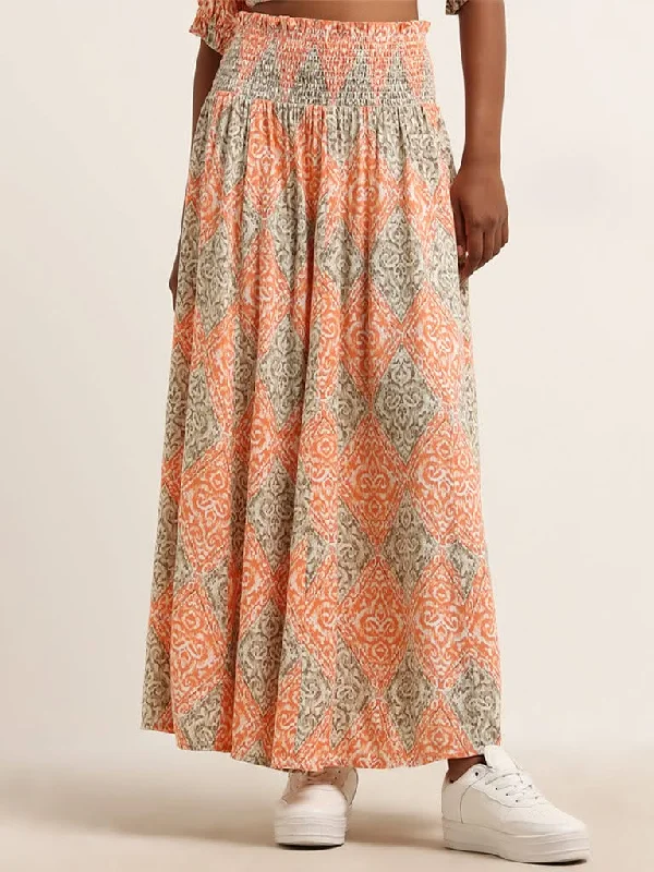 Bombay Paisley Peach Printed Mid Rise Skirt corduroy skirt textured