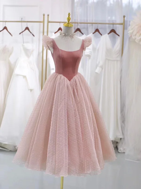 Pink Velvet Tulle Short Prom Dress, Lovely A-Line Homecoming Party Dress Tunics Lace romantic Pink Velvet Tulle Short Prom Dress, Lovely A-Line Homecoming Party Dress Tunics Lace romantic