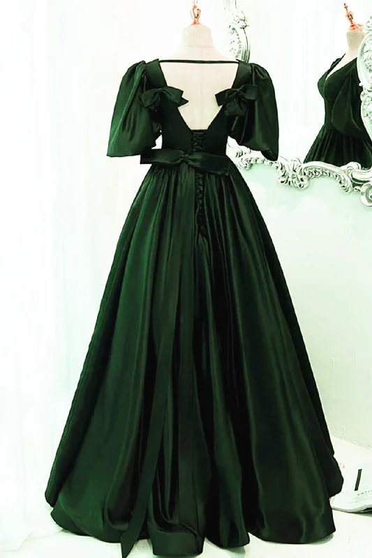 Green Satin Short Sleeves Long Party Dress, Green Floor Length Evening Dress Prom Dress A-Line Day Work Green Satin Short Sleeves Long Party Dress, Green Floor Length Evening Dress Prom Dress A-Line Day Work